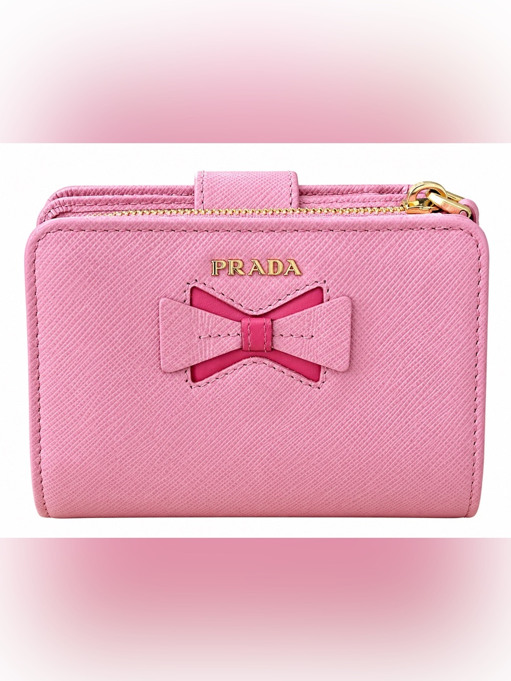 Prada Pink‎ Saffiano Leather Bow Zip Wallet with Gold Hardware